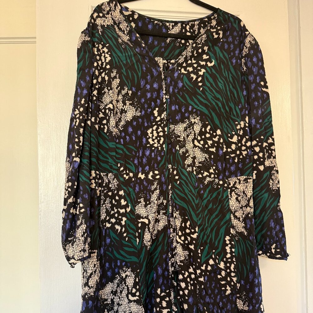 Veronica Beard Tallis Print Flounce Hem Dress – Abstract Green/Blue/Black